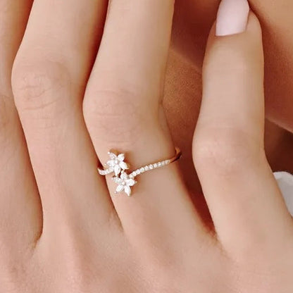 14k Gold 0.39 ctw Marquise and Round Diamond Flower Bypass Ring
