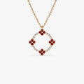 14k Solid Gold Ruby and Diamond Round Clover Necklace 0.32 Carat
