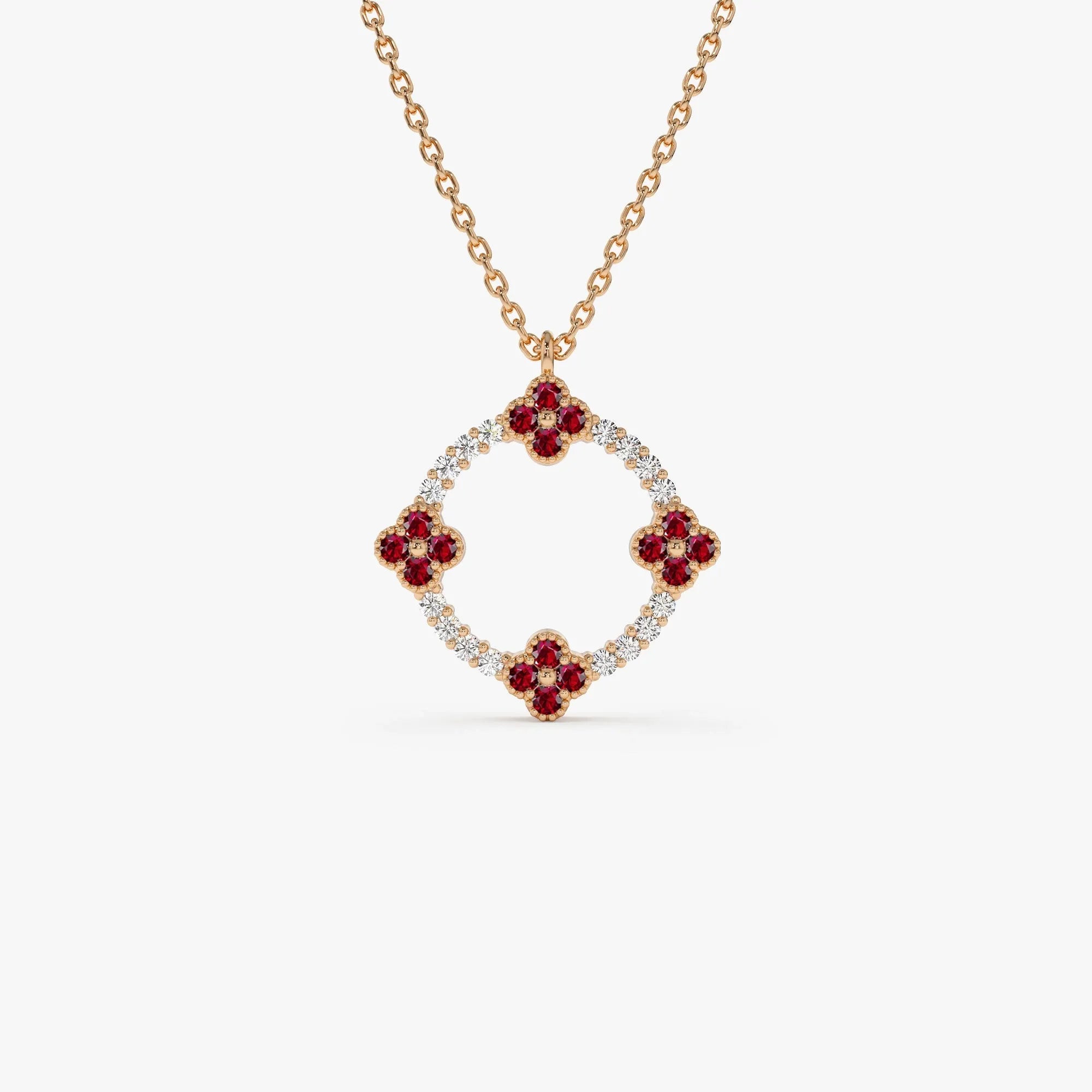 14k Solid Gold Ruby and Diamond Round Clover Necklace 0.32 Carat