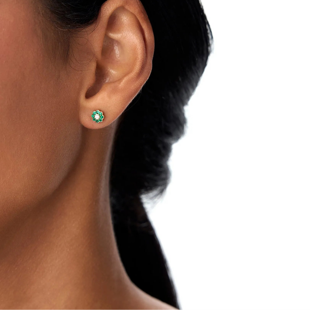 14k Solid Gold Round Emerald and Diamond Flower Bezel Set Stud Earrings 0.49 ctw