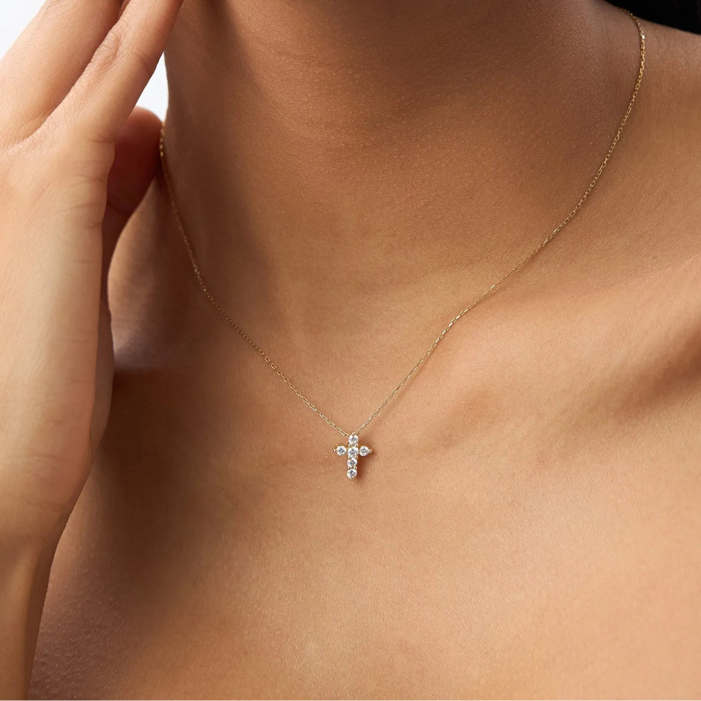 14K Solid Gold Round Diamond Medium Cross Pendant Necklace Prong Setting 0.42ctw