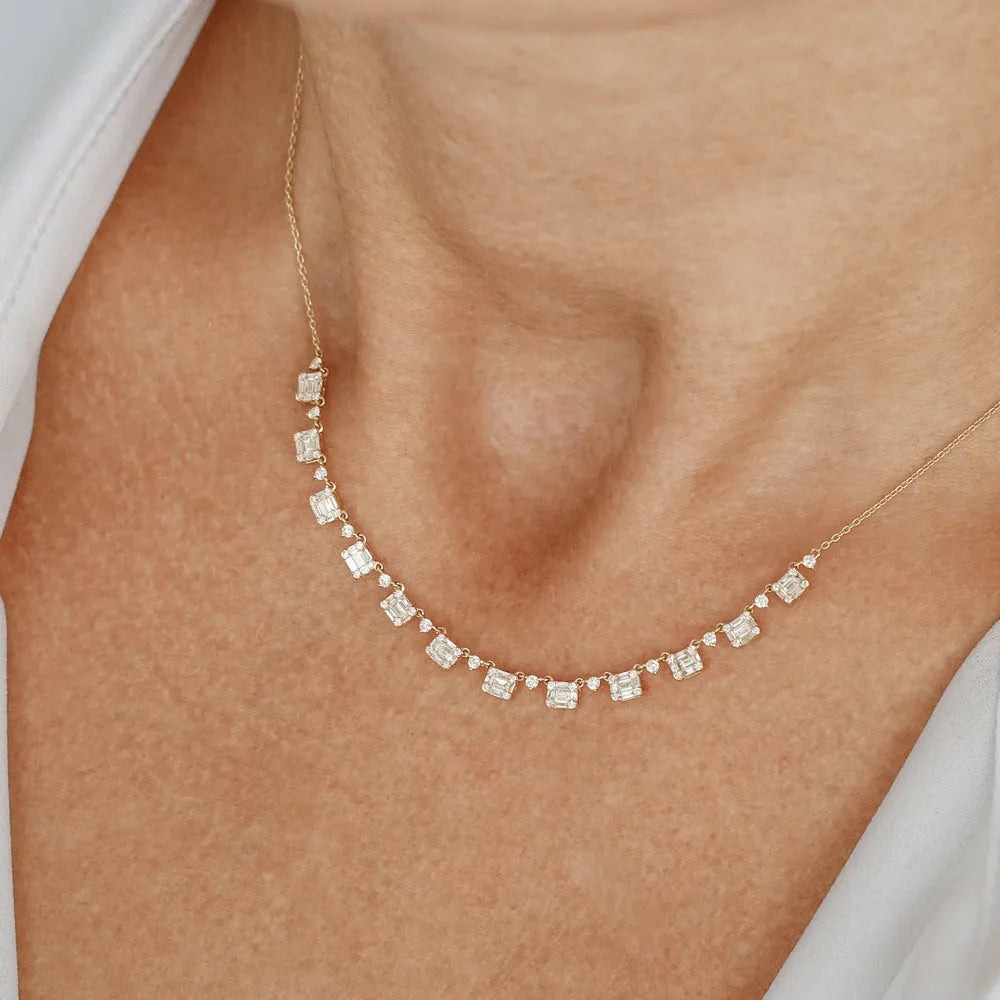 14K Solid Gold Baguette and Round Diamond Illusion Setting Statement Necklace Prong Setting 1.35ctw