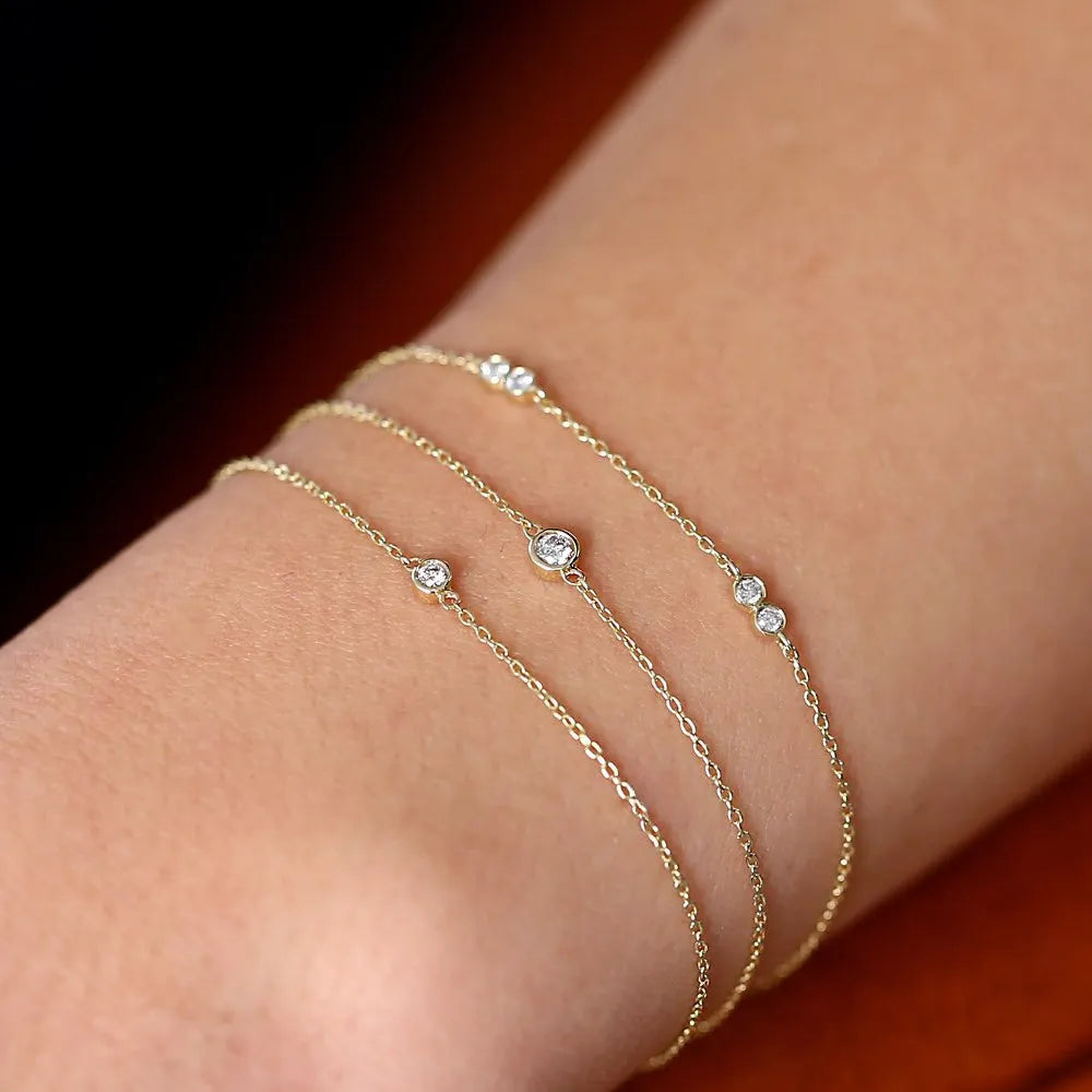 14K Solid Gold Round Diamond Double Station Chain Bracelet Bezel Setting 0.18 Carat