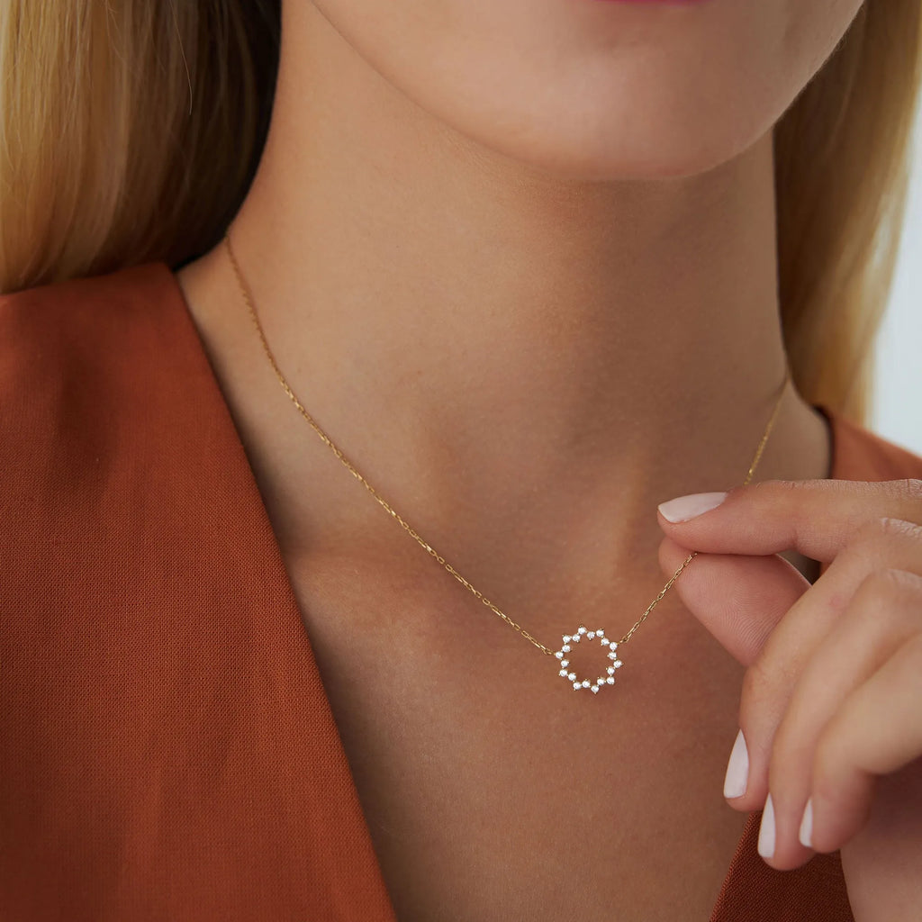 14K Solid Gold 0.40 CTW Round Diamond Sun Circle Necklace Prong Setting