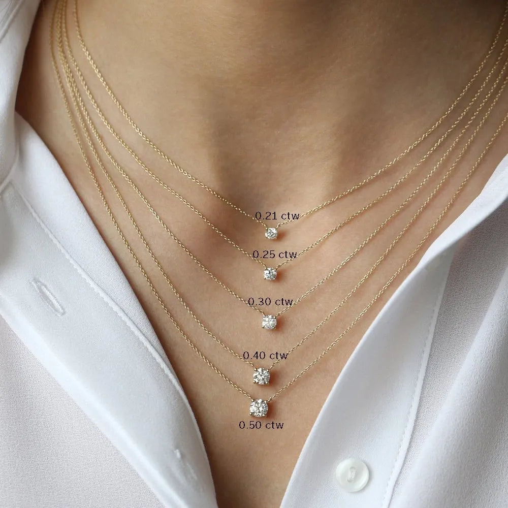 14K Solid Gold Round Diamond Solitaire Necklace 4 Prong Setting 0.50ctw