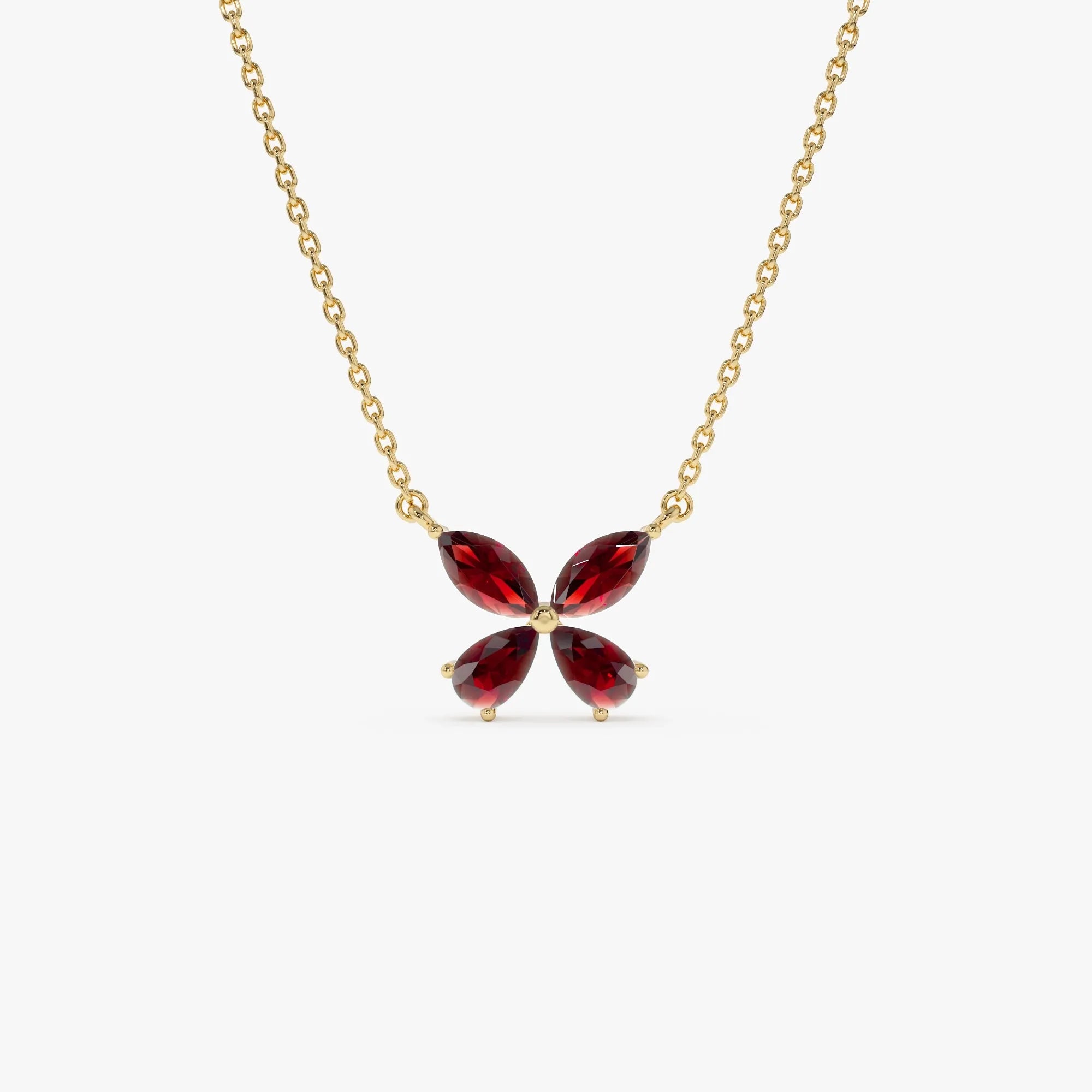 14k Solid Gold Garnet Pear and Marquise Butterfly Necklace 1.25 Carat