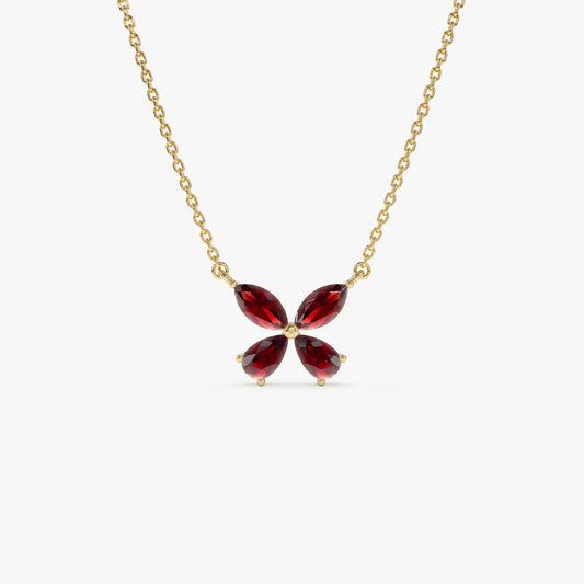 14k Solid Gold Garnet Pear and Marquise Butterfly Necklace 1.25 Carat