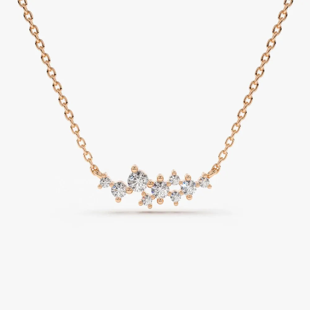 14K Solid Gold Lab Grown Diamond 9 Stone Cluster Necklace Prong Setting 0.25cttw