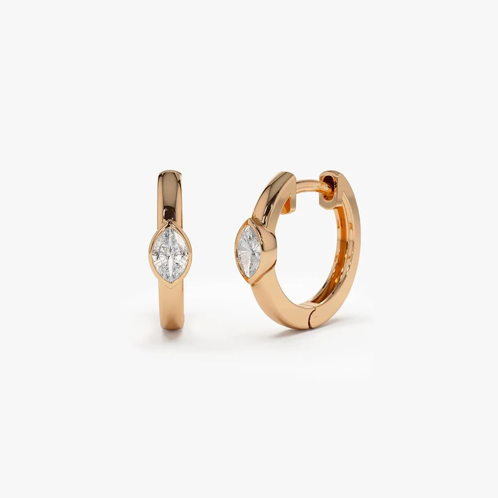 14k Gold Diamond Marquise Cut Bezel Setting Mini Hoop Earrings 0.13 ctw