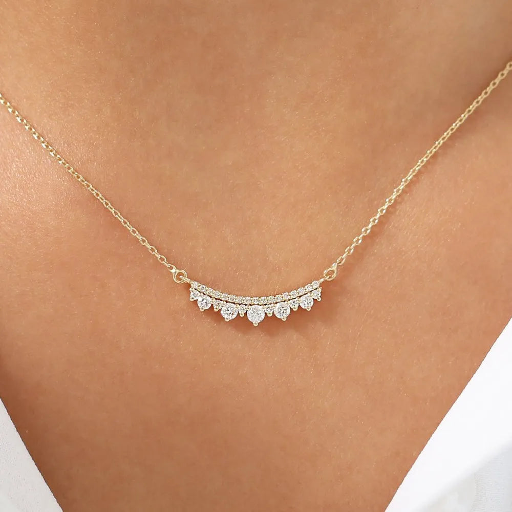 14K Solid Gold Round Diamond Curved Bar Necklace Micro Pave 0.39ctw