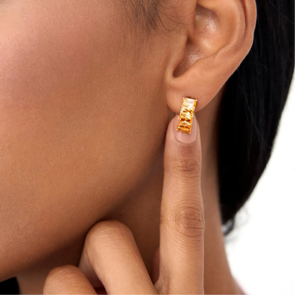 14K Solid Gold Octagon Cut Citrine Half Hoop Earrings 2.95ctw