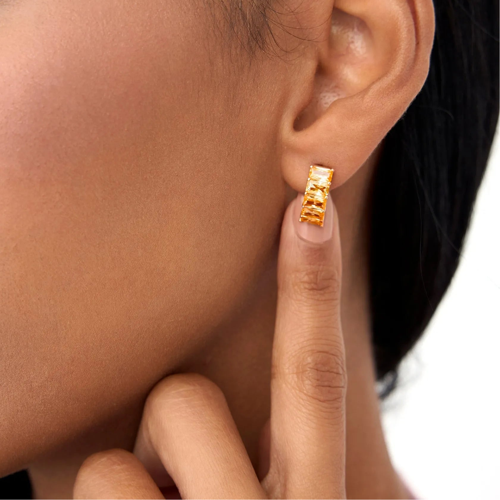 14K Solid Gold Octagon Cut Citrine Half Hoop Earrings 2.95ctw
