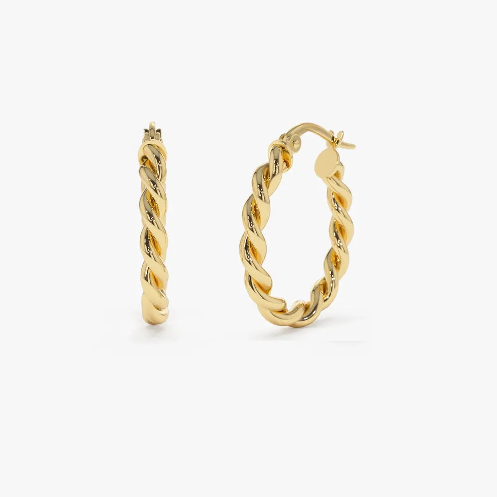 14k Solid Gold Twist Rope Hoop Earrings 20mm 3.25mm Width