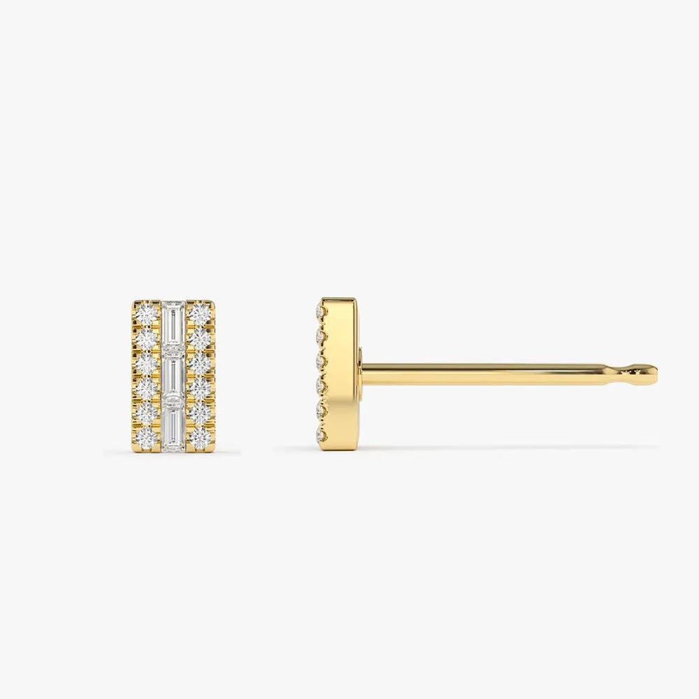 14k Gold Diamond Baguette and Round Cut Bar Stud Earrings 0.22 ctw
