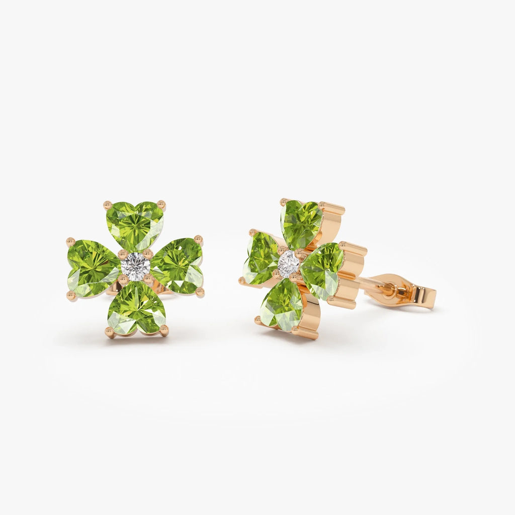 14K Solid Gold Heart Shaped Peridot and Diamond Four Leaf Clover Stud Earrings