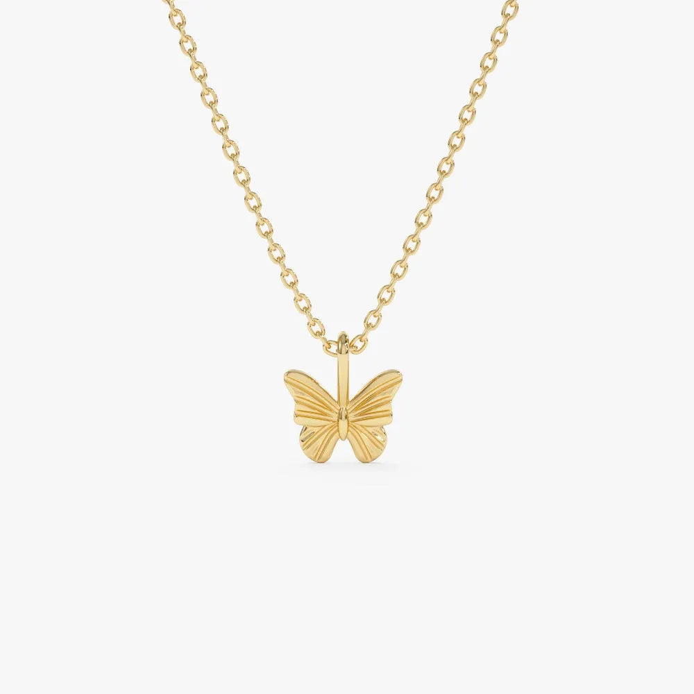 14k Solid Gold Mini Butterfly Charm Pendant Necklace