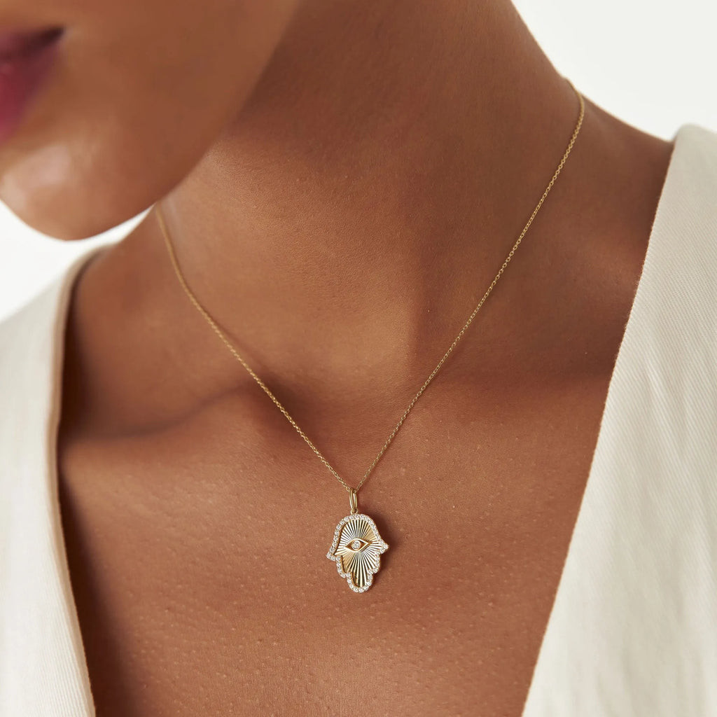 14K Solid Gold 0.35 CTW Round Diamond Hamsa Evil Eye Hand of Fatima Necklace