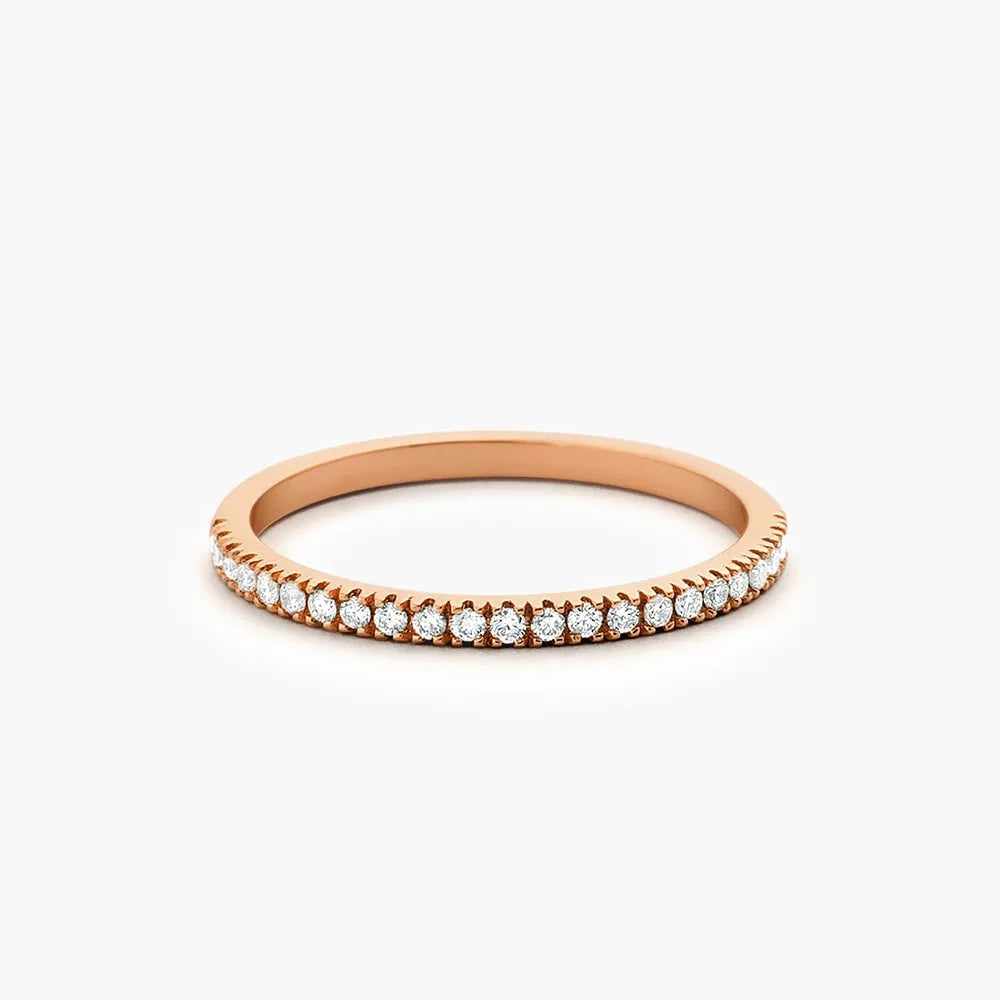 14K Gold Round Diamond Half Eternity Micro Pave Stackable Wedding Ring