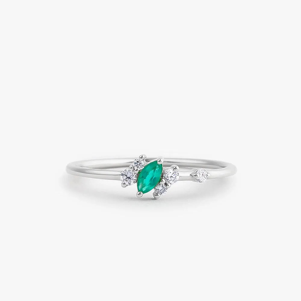 14K Solid Gold Marquise Emerald and Round Diamond Slanted Ring 0.23 CTW Handcrafted Jewelry