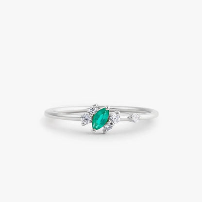 14K Solid Gold Marquise Emerald and Round Diamond Slanted Ring 0.23 CTW Handcrafted Jewelry