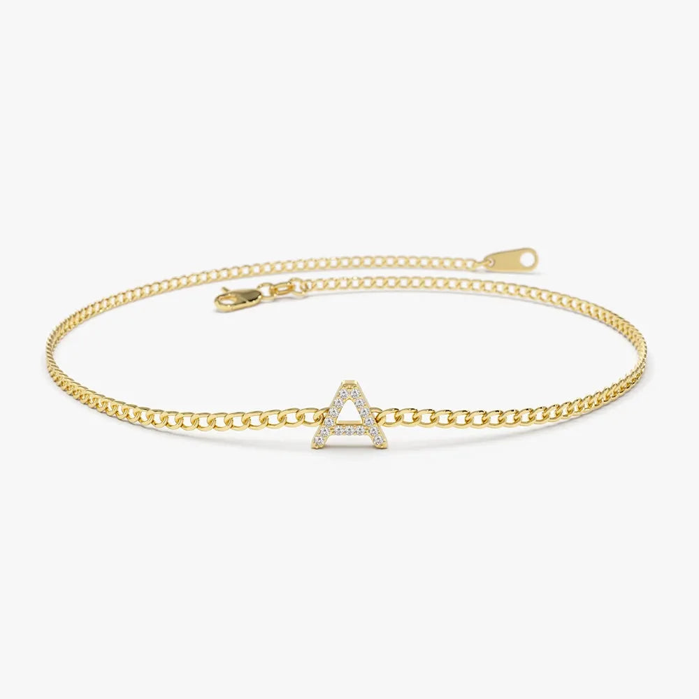 14K Solid Gold Round Diamond Initial Curb Link Bracelet Micro Pave 0.15 Carat