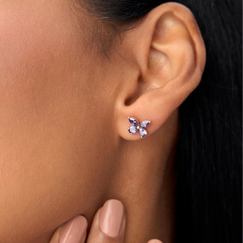 14K Solid Gold Marquise and Pear Cut Amethyst Butterfly Stud Earrings 1.15ctw