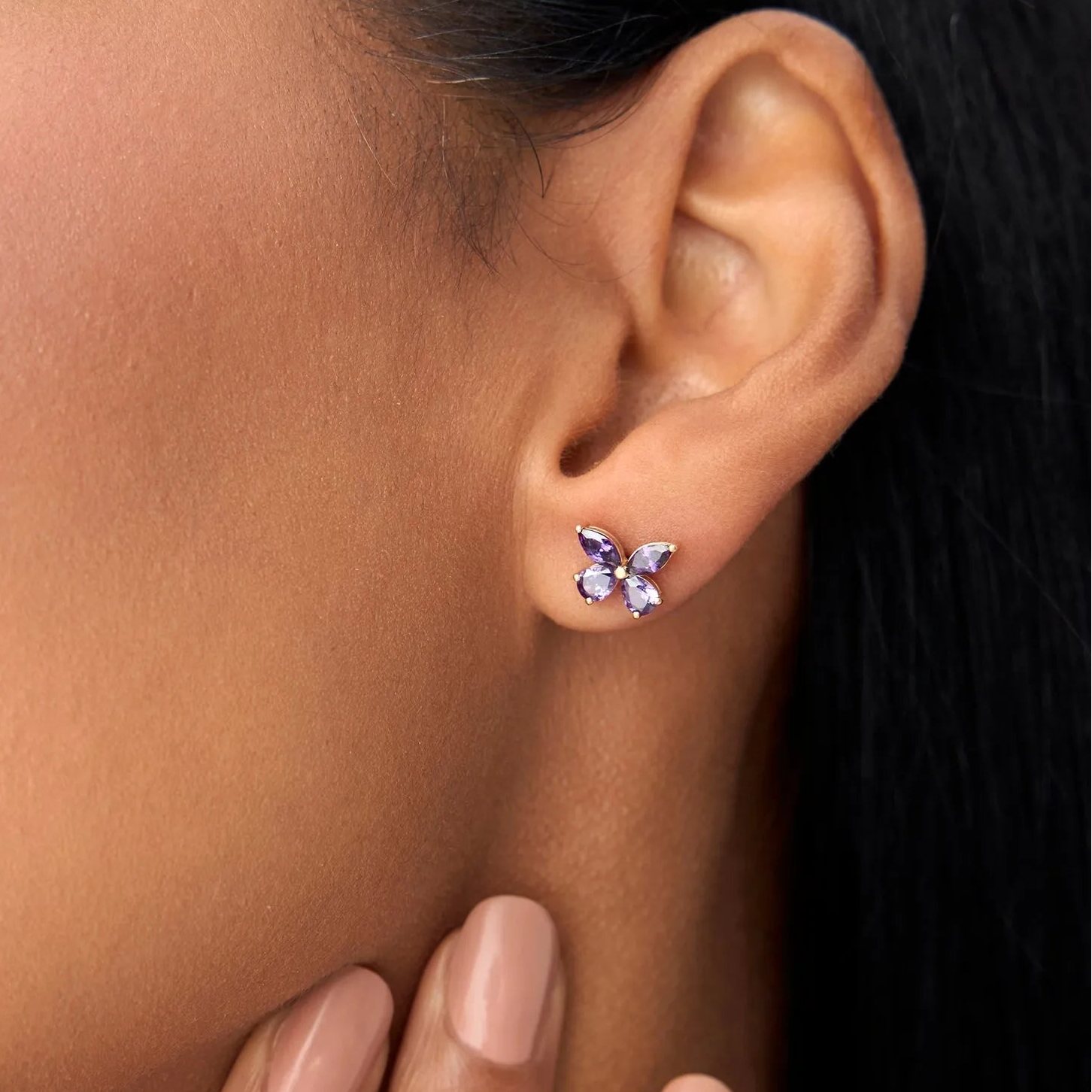 14K Solid Gold Marquise and Pear Cut Amethyst Butterfly Stud Earrings 1.15ctw