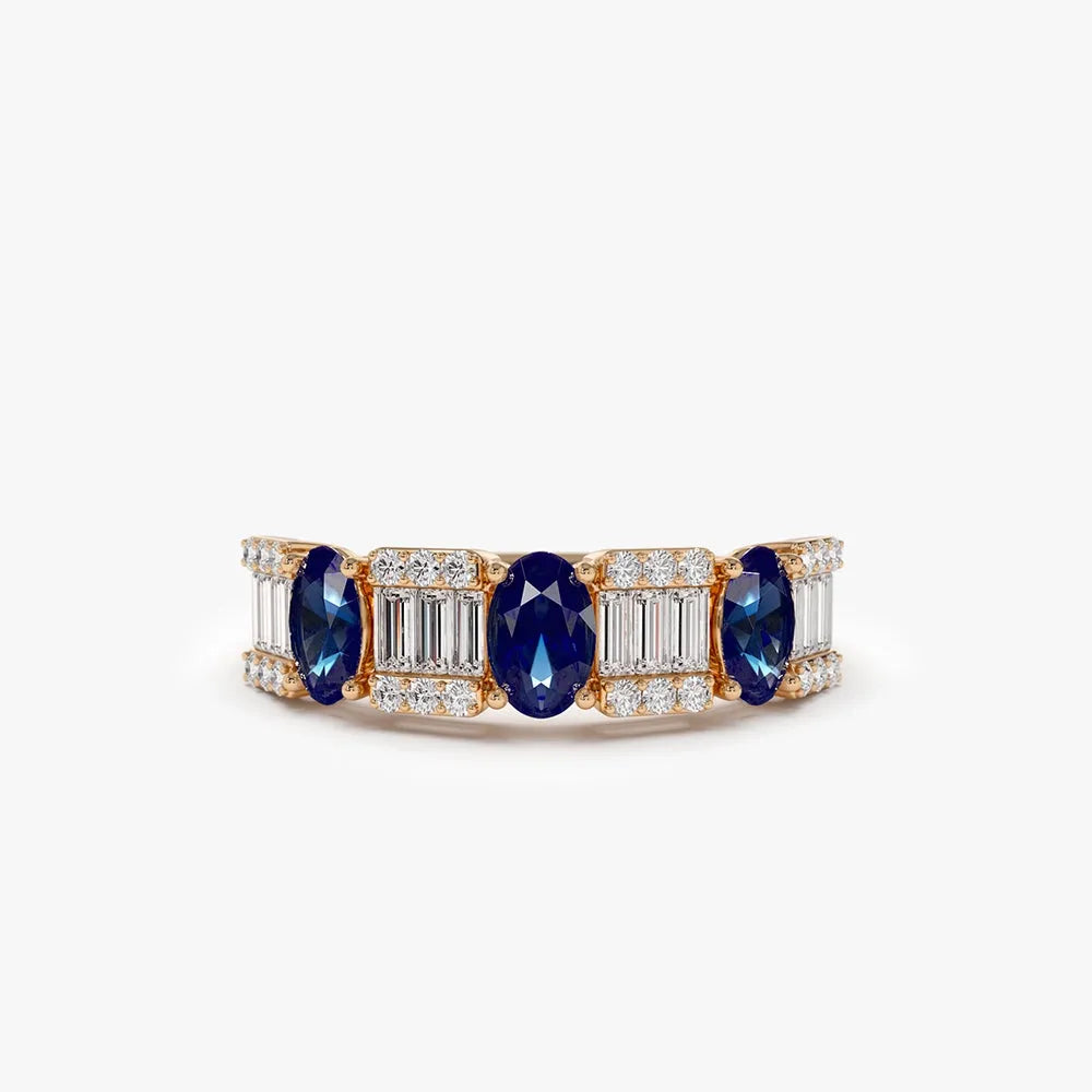 14k Gold Sapphire and Diamond Oval Baguette and Round Cut Ring 1.46 ctw