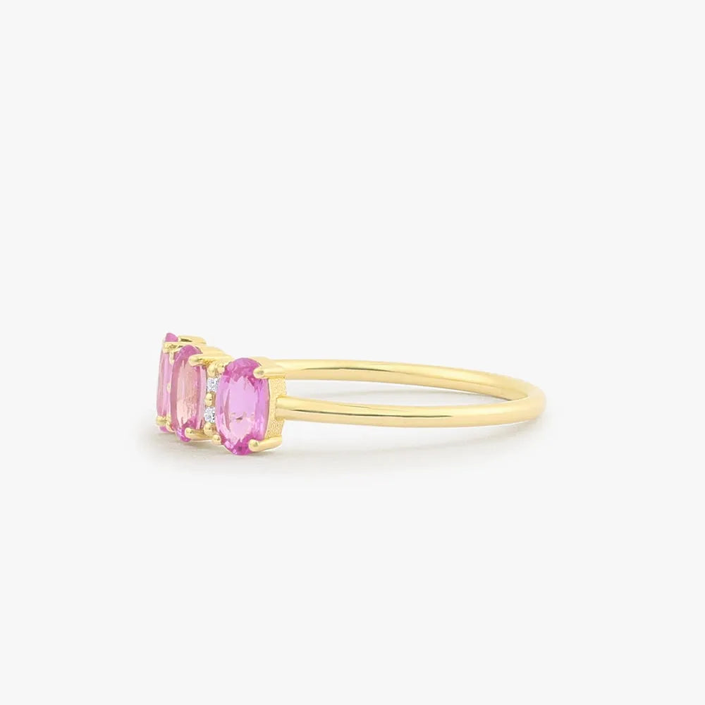 14k Gold Pink Sapphire and Diamond Oval Cut Three Stone Ring Prong Setting 1.05 ctw