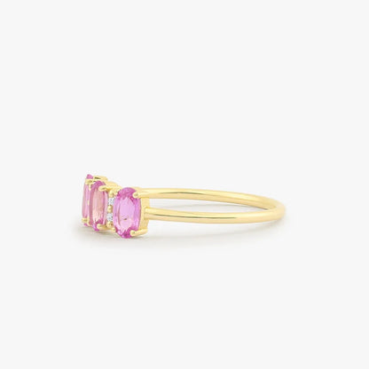 14k Gold Pink Sapphire and Diamond Oval Cut Three Stone Ring Prong Setting 1.05 ctw