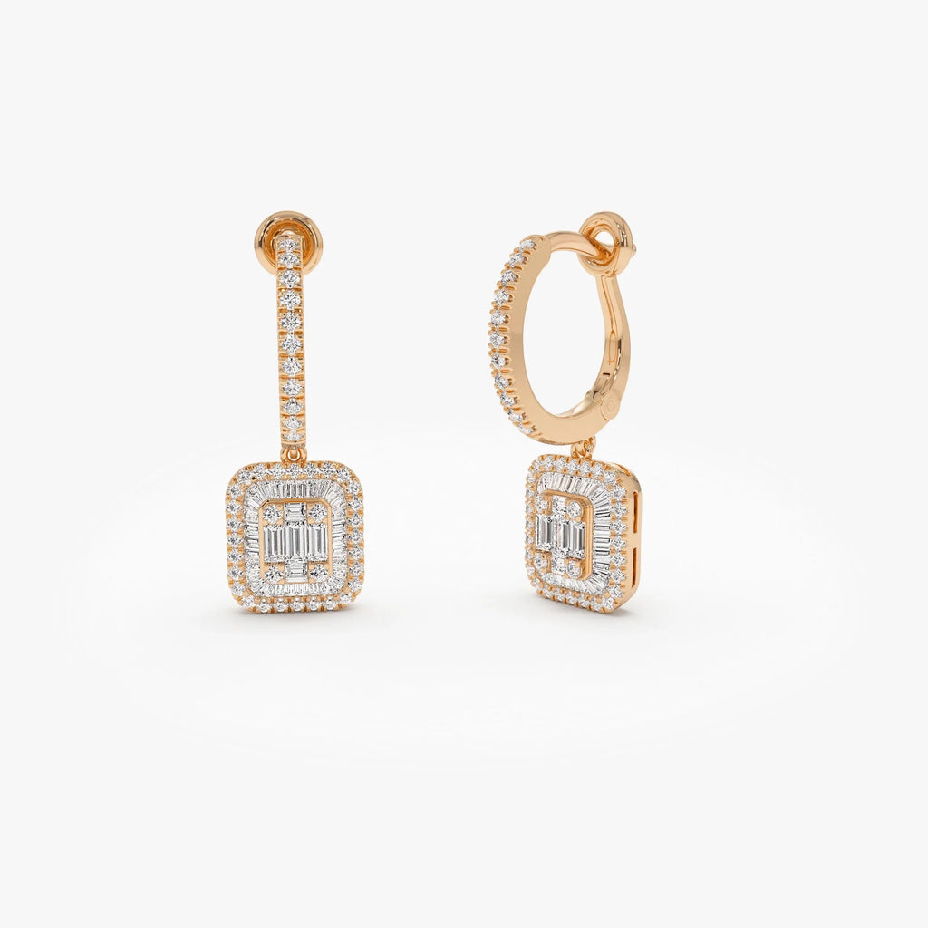 14k Gold Diamond Baguette and Round Cut Illusion Setting Dangling Hoop Earrings 0.98 ctw