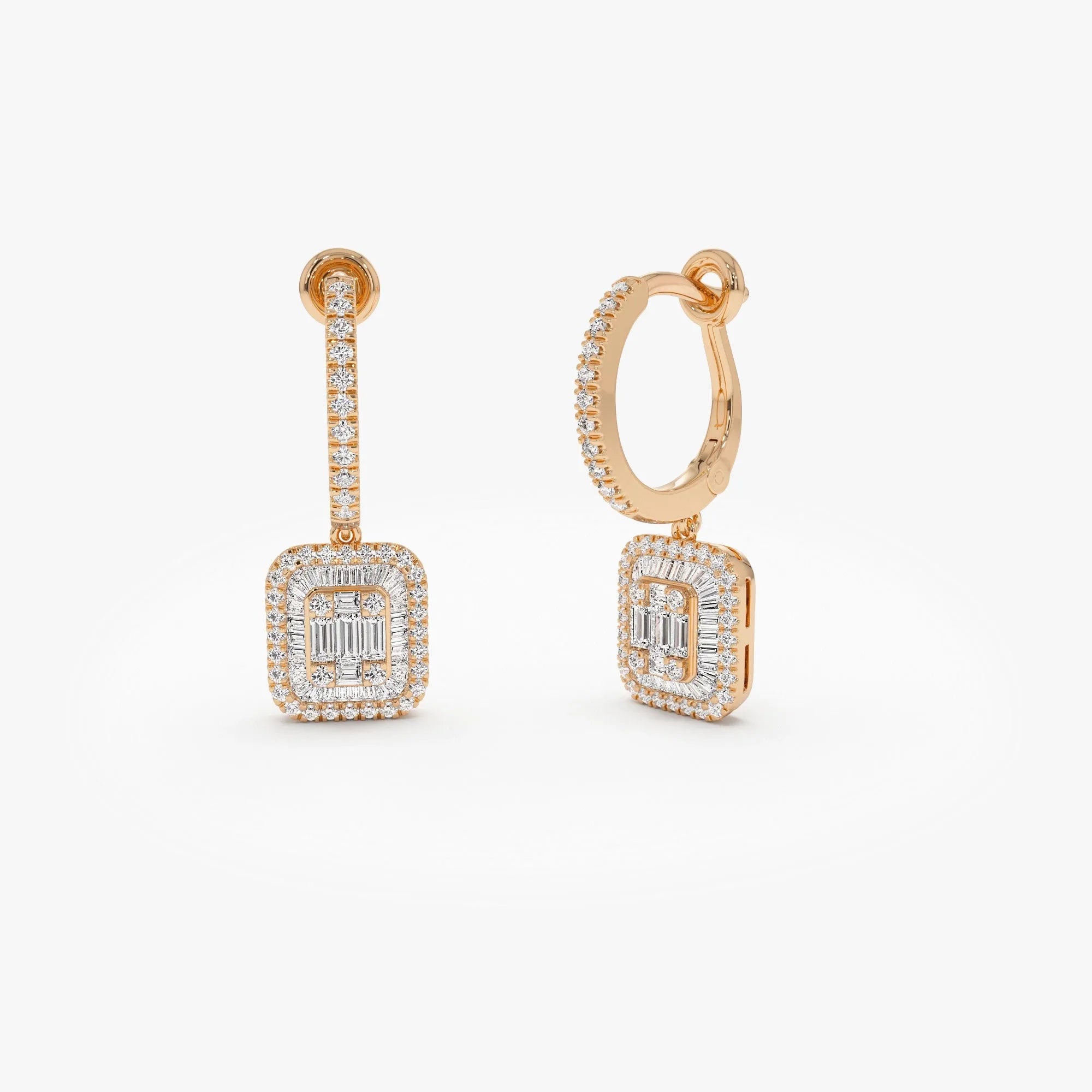 14k Gold Diamond Baguette and Round Cut Illusion Setting Dangling Hoop Earrings 0.98 ctw