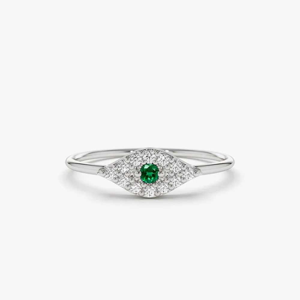 14K Solid Gold Round Emerald and Diamond Evil Eye Ring 0.17 CTW