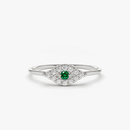 14K Solid Gold Round Emerald and Diamond Evil Eye Ring 0.17 CTW