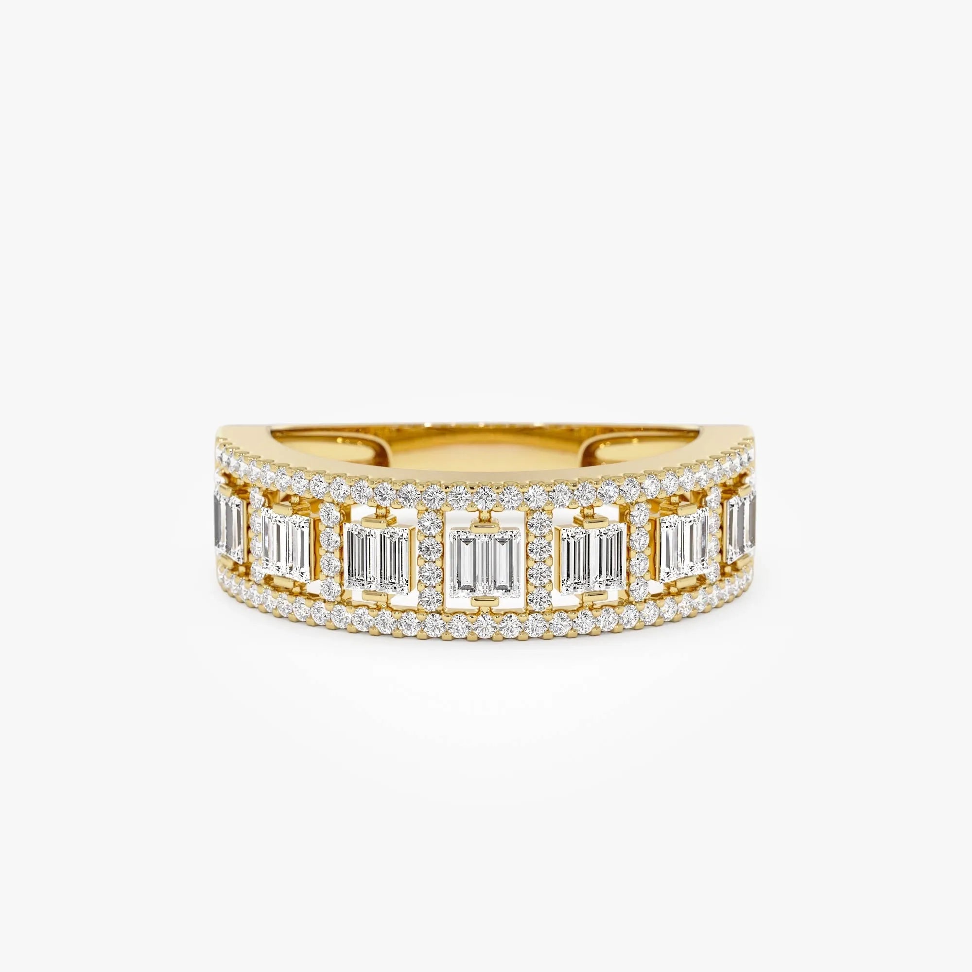 14k Gold Diamond Baguette and Round Cut Wide Pave Ring 0.60 ctw
