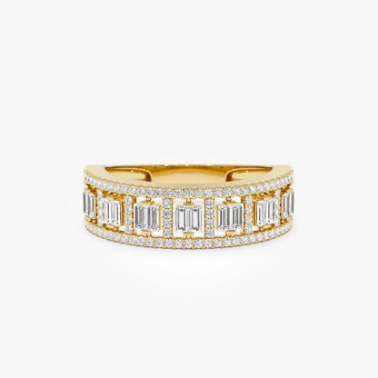 14k Gold Diamond Baguette and Round Cut Wide Pave Ring 0.60 ctw