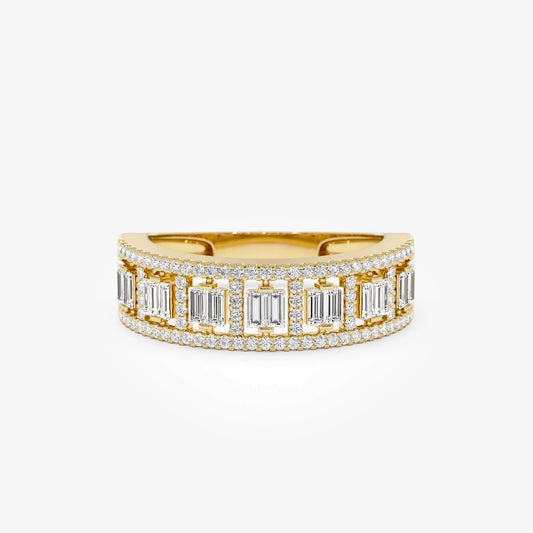 14k Gold Diamond Baguette and Round Cut Wide Pave Ring 0.60 ctw