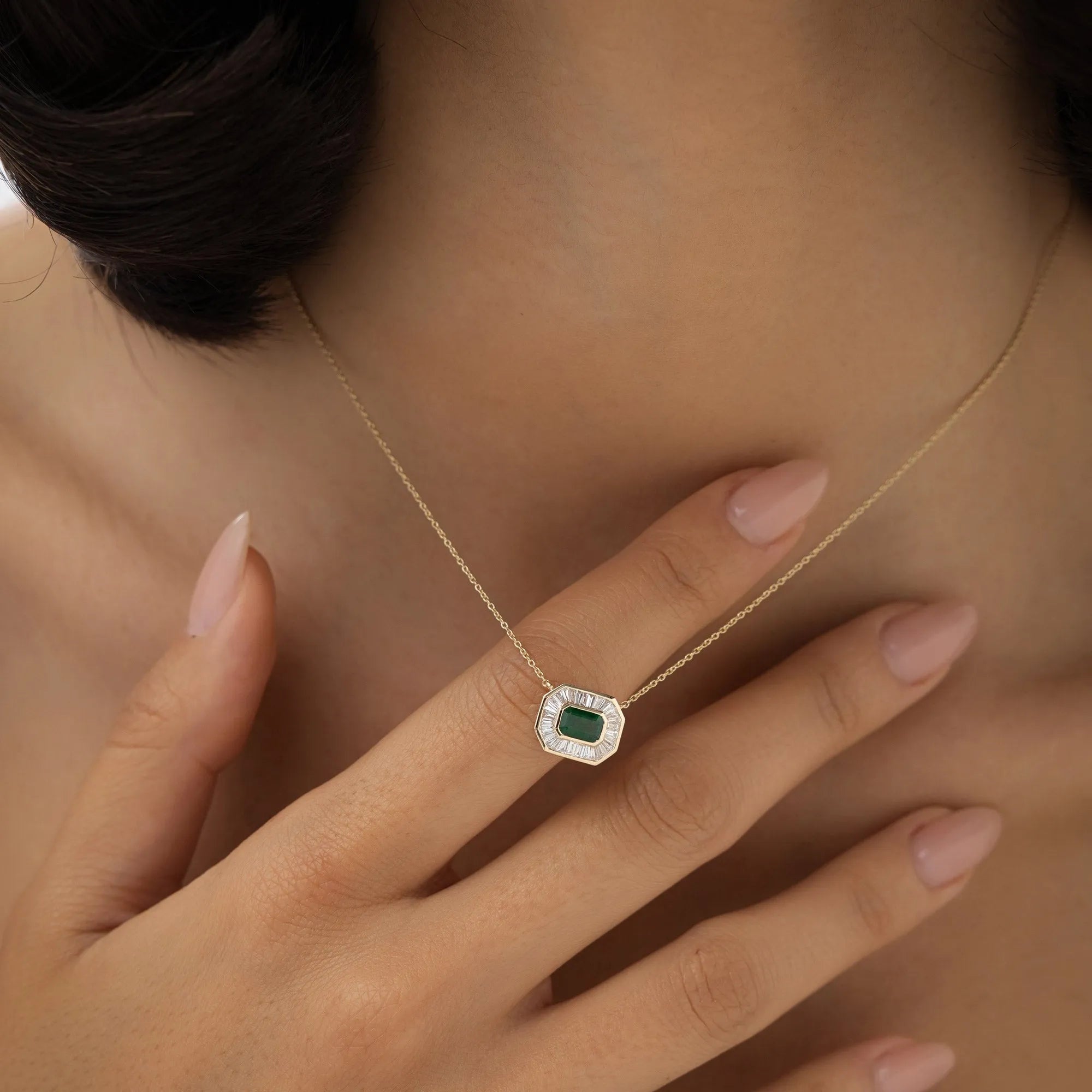 14k Solid Gold Octagon Emerald 0.65 CTW and Baguette Diamond 0.45 CTW Halo Pendant Necklace