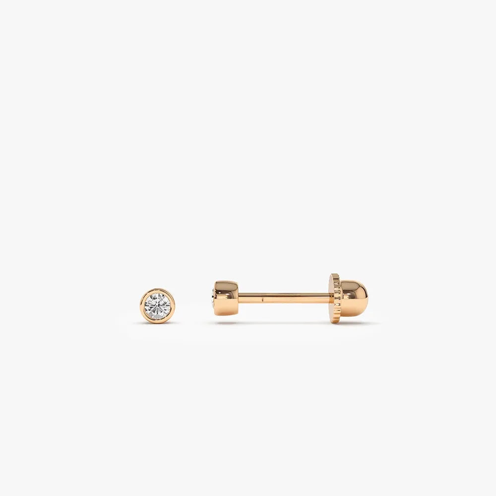 14k Gold Diamond Round Cut Bezel Setting Stud Piercing Single Earring 0.035 ctw