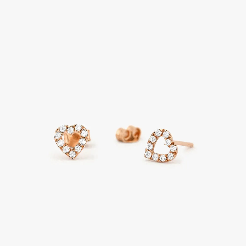 14k Gold Diamond Round Cut Mini Heart Stud Earrings Micro Pave 0.12 ctw