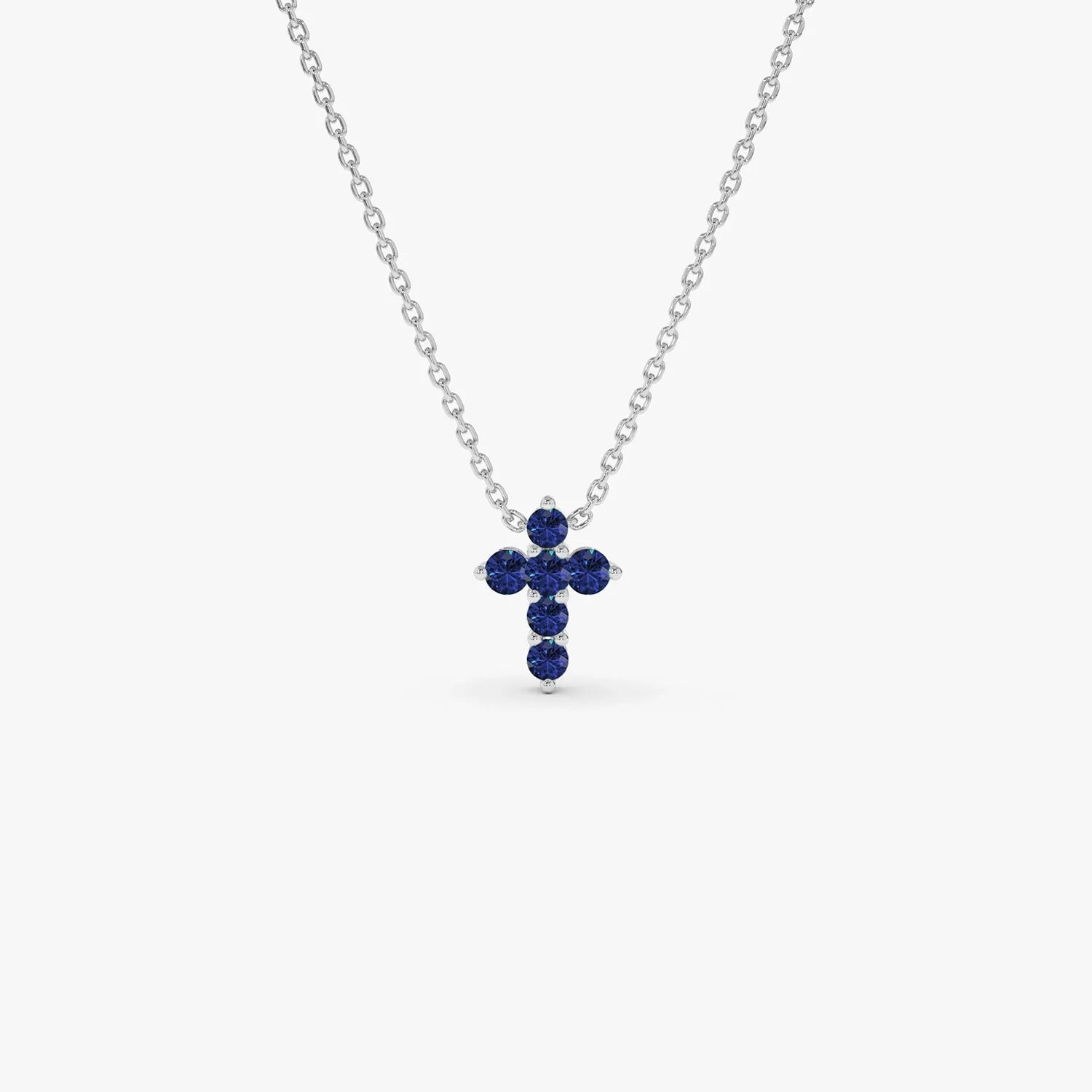 14k Solid Gold Round Sapphire Tiny Cross Pendant Necklace 0.20 Carat Prong Setting