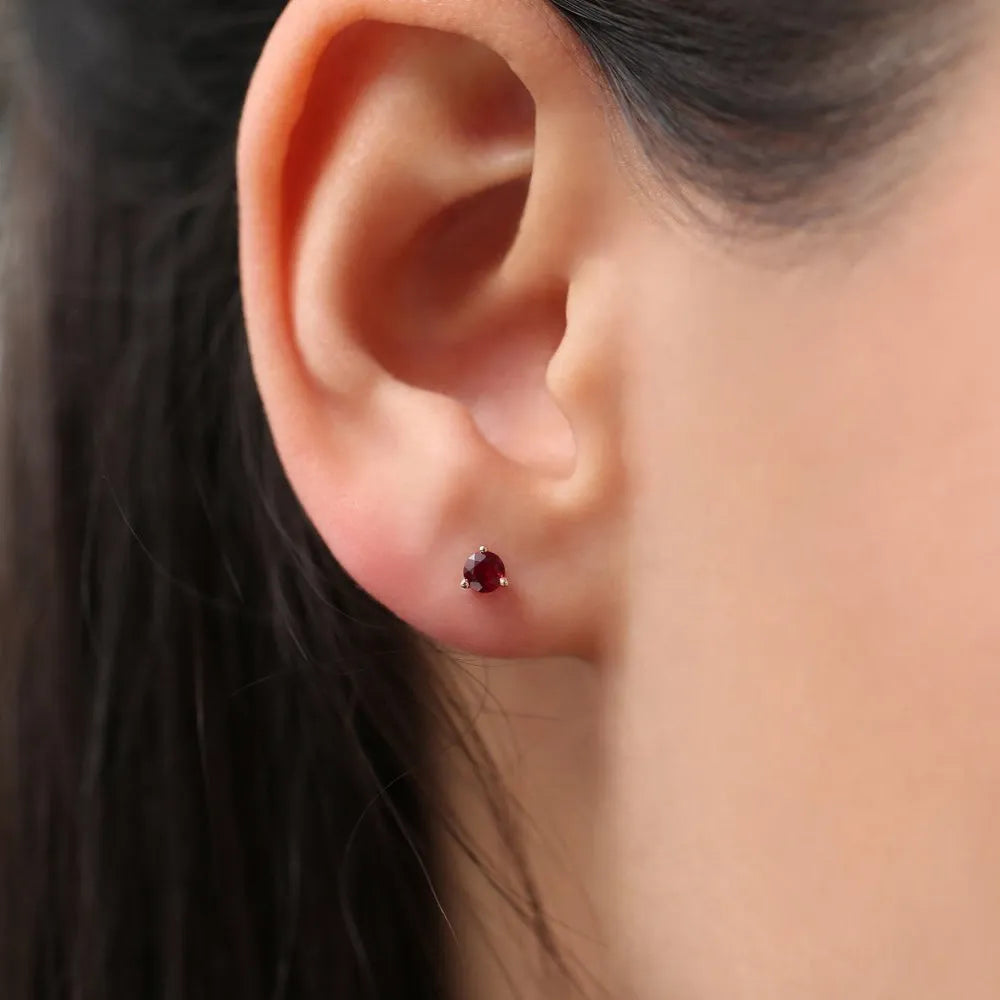 14K Gold Round Cut Ruby 3 Prong Stud Earrings 0.40ctw