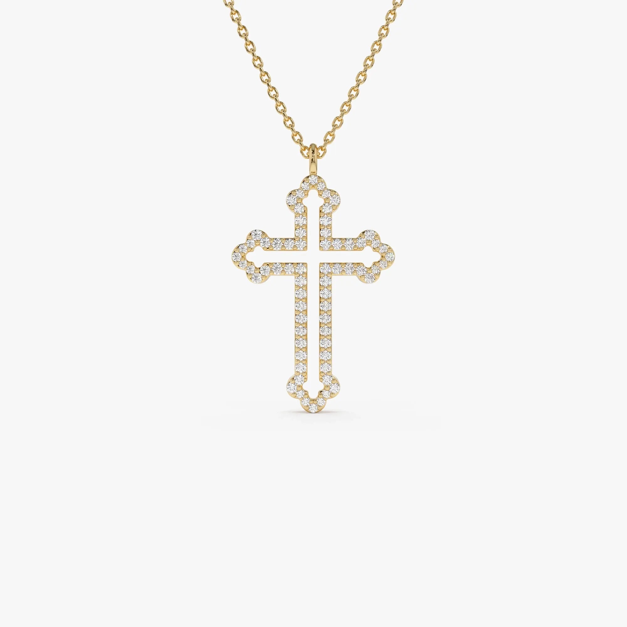 14K Solid Gold Round Diamond Pave Cross Pendant Necklace 0.29ctw