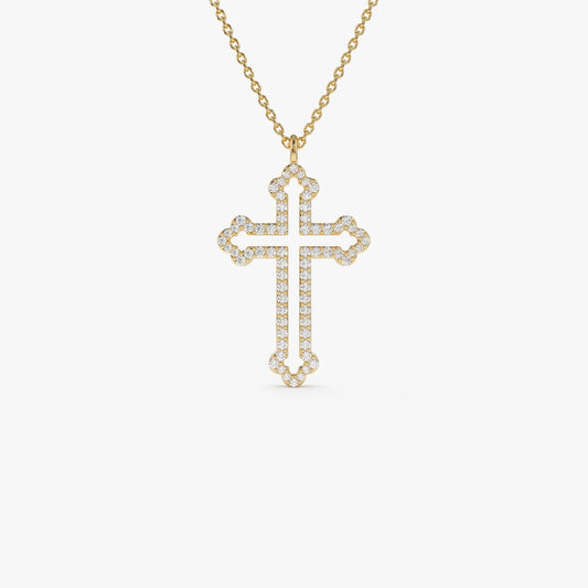 14K Solid Gold Round Diamond Pave Cross Pendant Necklace 0.29ctw
