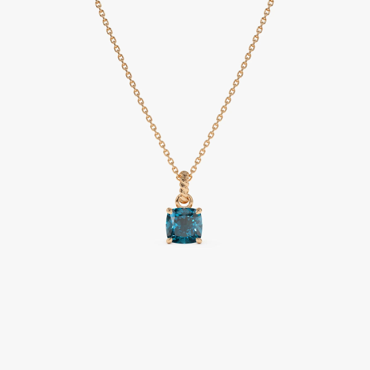 14k Solid Gold London Blue Topaz Cushion Cut Solitaire Necklace 1.20 Carat