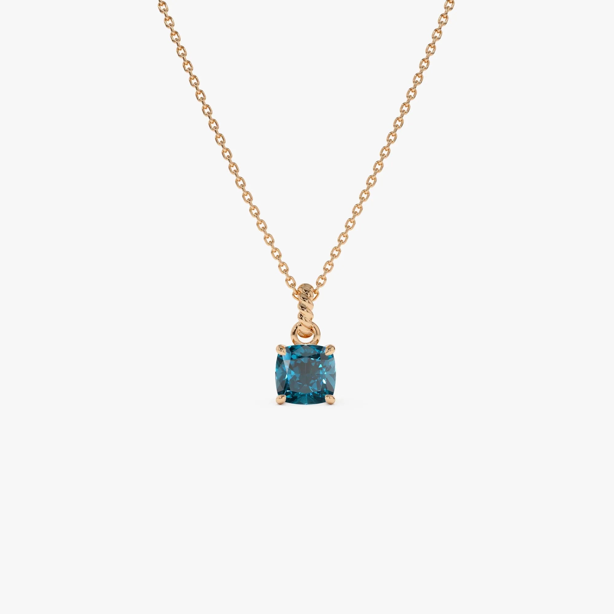 14k Solid Gold London Blue Topaz Cushion Cut Solitaire Necklace 1.20 Carat