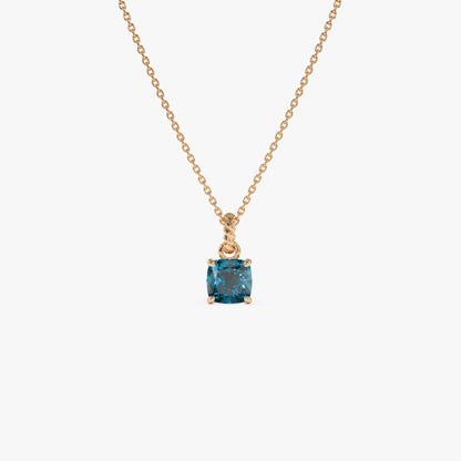 14k Solid Gold London Blue Topaz Cushion Cut Solitaire Necklace 1.20 Carat
