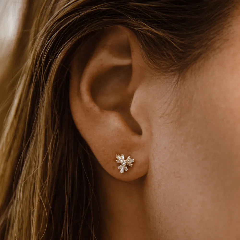 14k Gold Diamond Tapered Baguette and Round Cut Triangle Stud Earrings 0.30 ctw