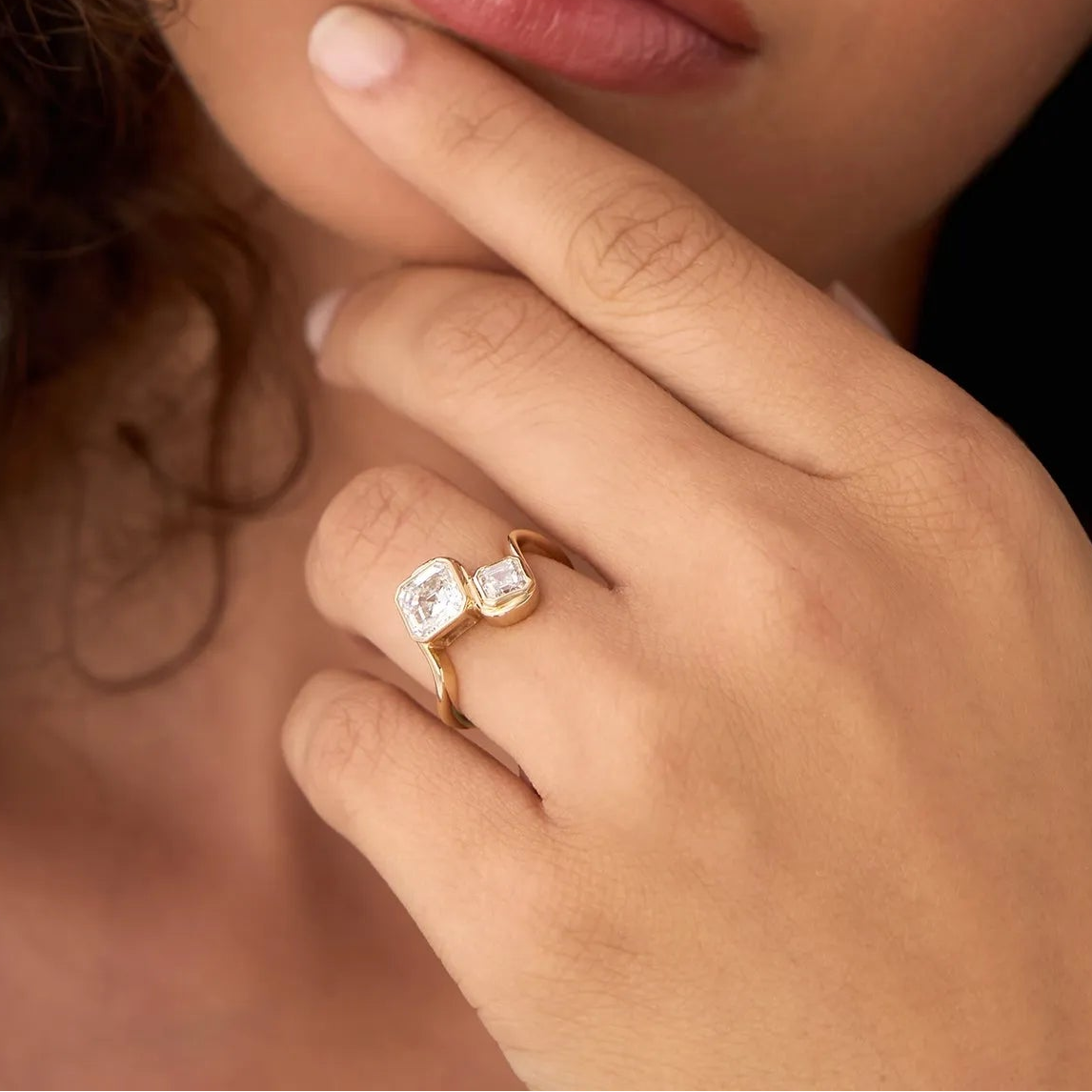 14k Gold 2.10 Ctw Lab Grown Diamond Asscher and Round Bezel Set Toi et Moi Ring