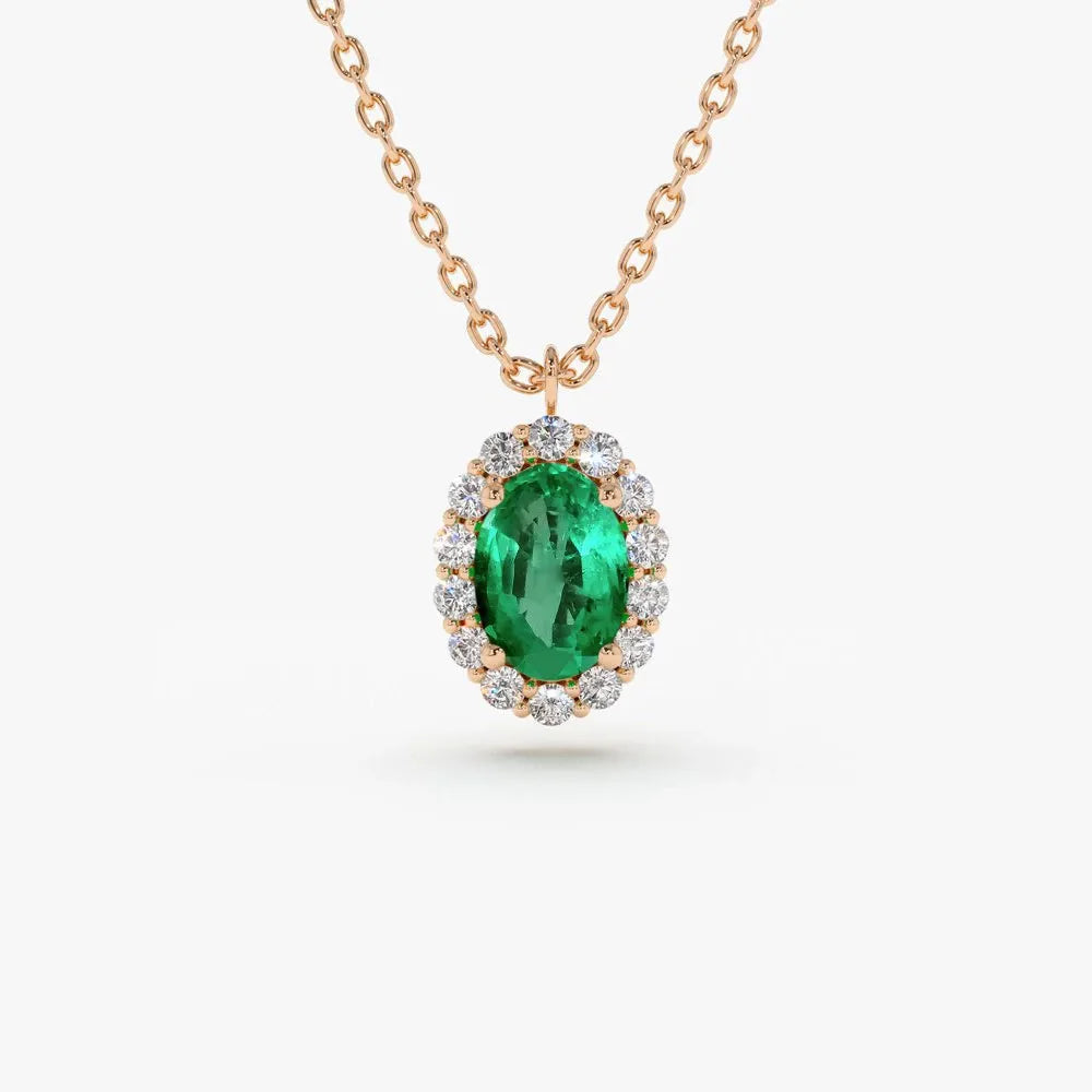 14k Solid Gold Oval Cut Emerald 0.48 CTW and Round Diamond 0.15 CTW Halo Pendant Necklace Prong Setting